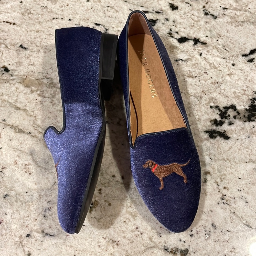 Chocolate lab Labrador velvet smoking loafers slippers navy dog red collar